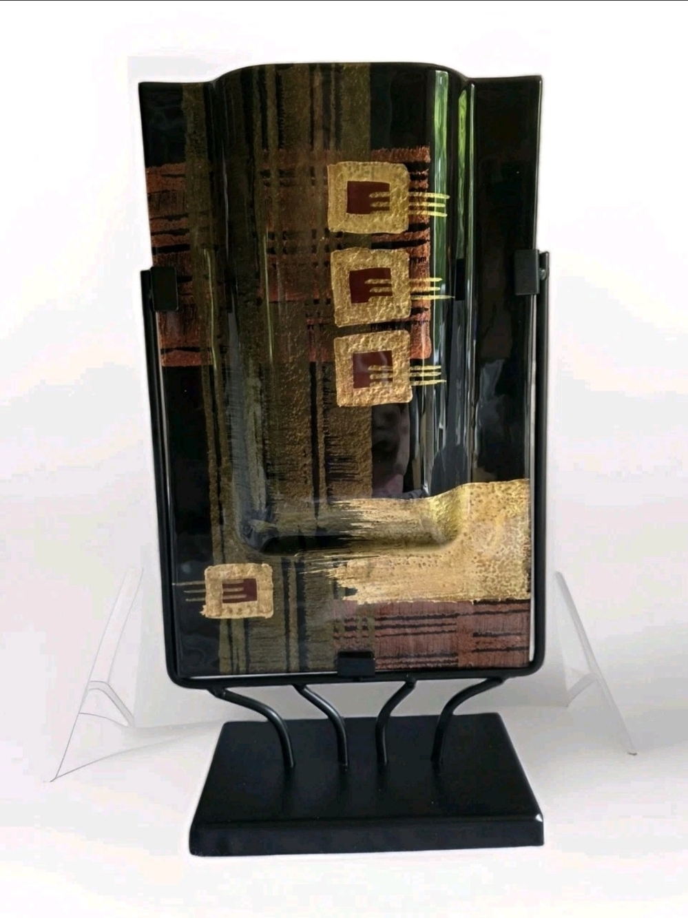 Jasmine Art Abstract Fused Double Sided Glass Vase Black Gold Copper Metal Stand